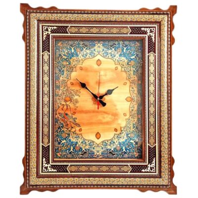 Handcrafted Persian Wooden Wall Clock – Khatam Marquetry Art, Tazhib