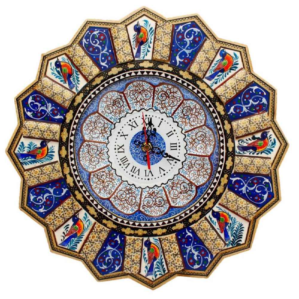 Handcrafted Persian Wooden Wall Clock - Khatam Marquetry Art, Zarrin