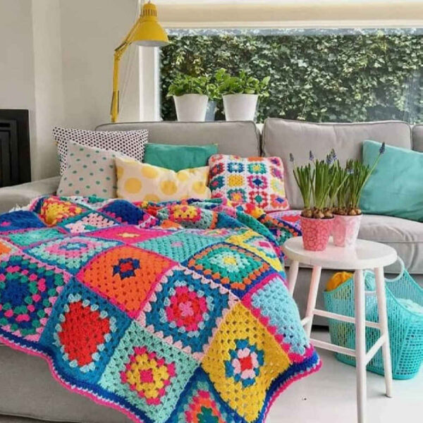 Crochet Throw for Sofa and Bed Checkered Bohemian Kiana