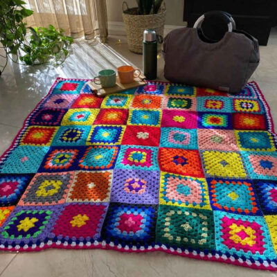 Crochet Throw for Sofa and Bed Checkered Bohemian Paria