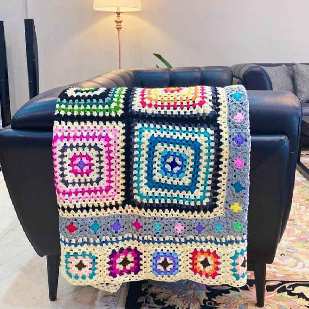Crochet Throw for Sofa and Bed Checkered Bohemian Pary