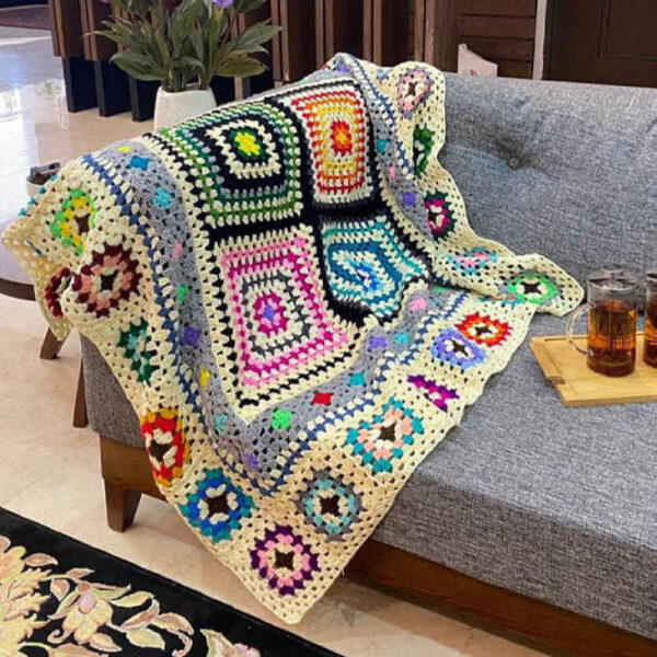 Crochet Throw for Sofa and Bed Checkered Bohemian Pary