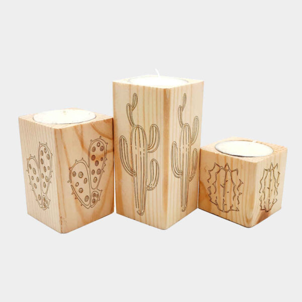 Solid Wooden Cube Tealight Holder Set of 3 / Cactus