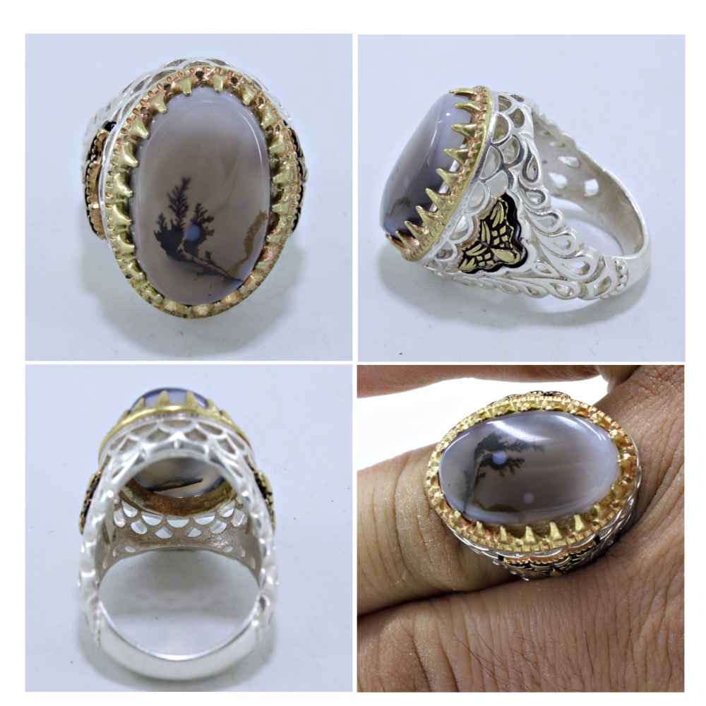Persian Dendritic Agate Shajar Silver Ring for Men Ahmad