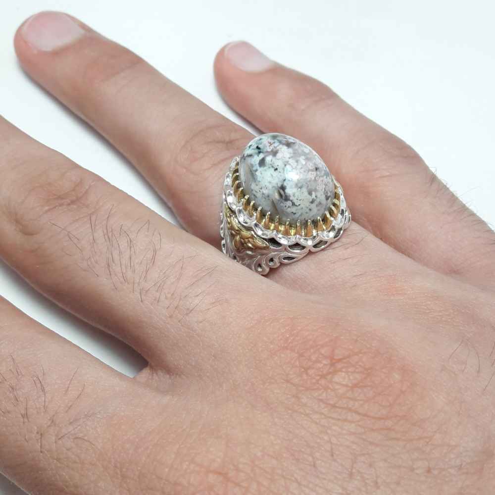 Persian Dendritic Agate Shajar Silver Ring for Men Natural