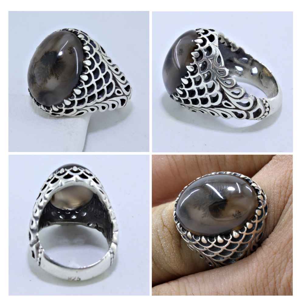 Persian Dendritic Agate Shajar Silver Ring for Men Sina