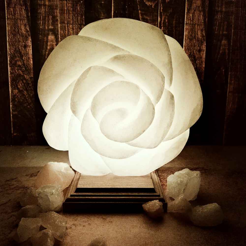 Persian Flower Salt Lamp – Handcrafted Design with Wooden Base