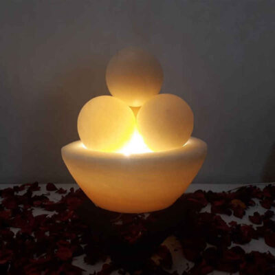 Persian Bowl Salt Lamp – Light Model with Round Salt Chunks & Wooden Base