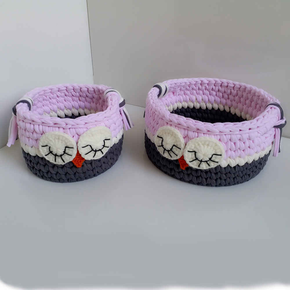 Set of 2 Crochet Storage Baskets Yarn Model Owl