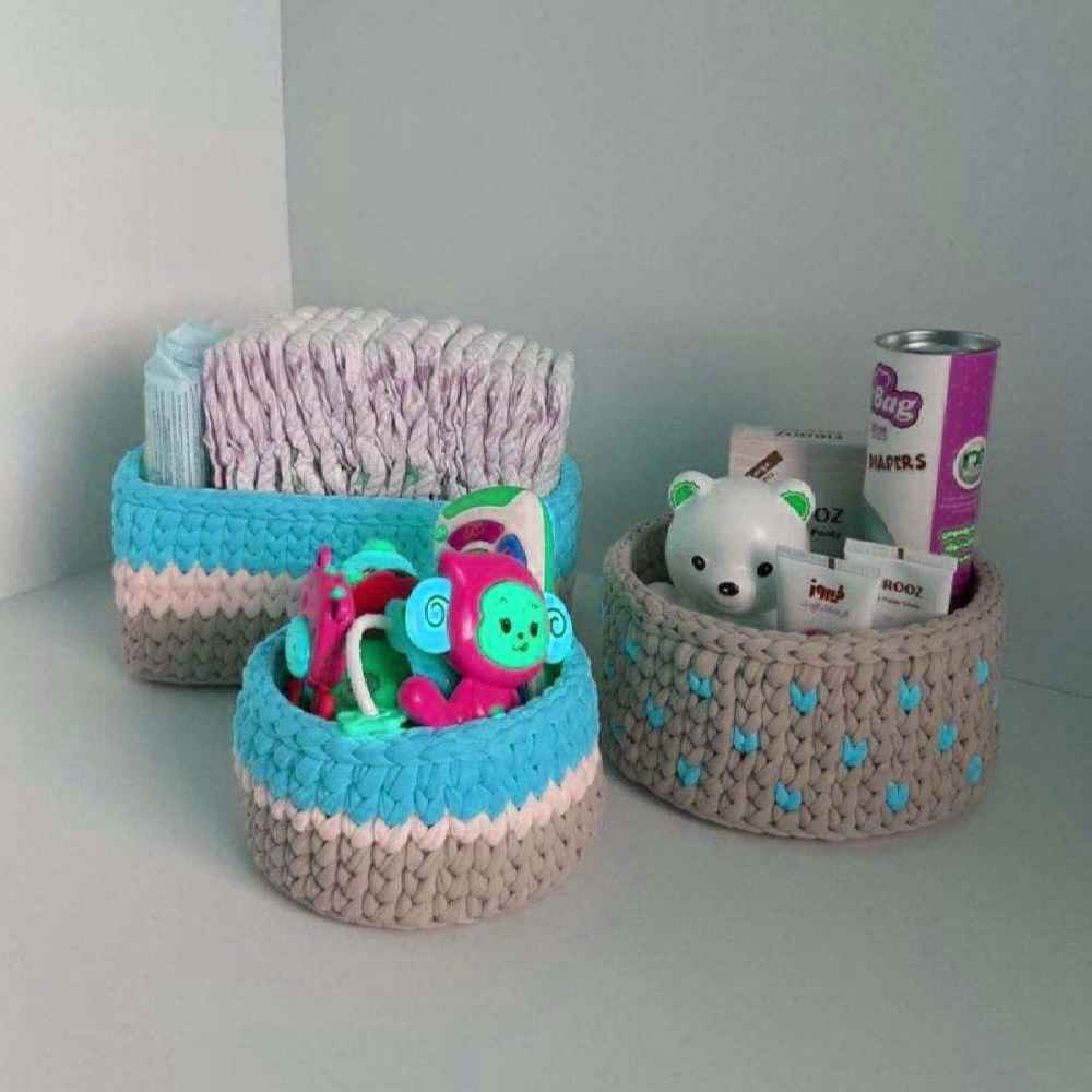 Set of 3 Crochet Storage Baskets Yarn Model Kids