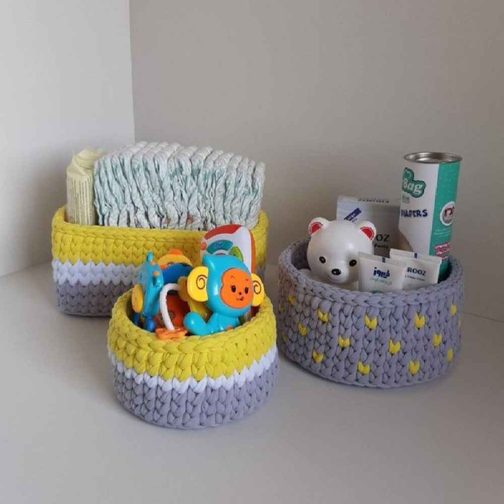 Set of 3 Crochet Storage Baskets Yarn Model Lemon