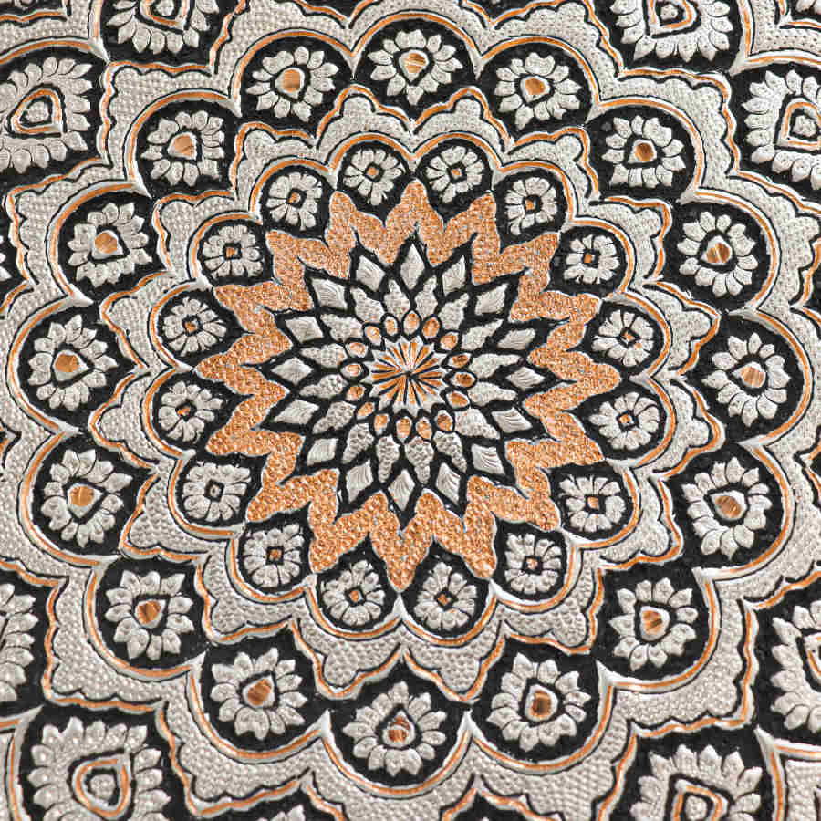 Decorative Copper Tray Hand-Engraved with Persian Artisanal Khorshidi