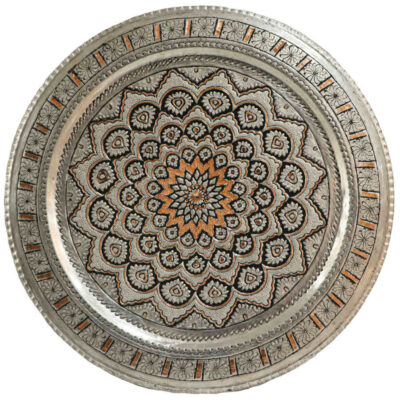 Decorative Copper Tray Hand-Engraved with Persian Artisanal Khorshidi