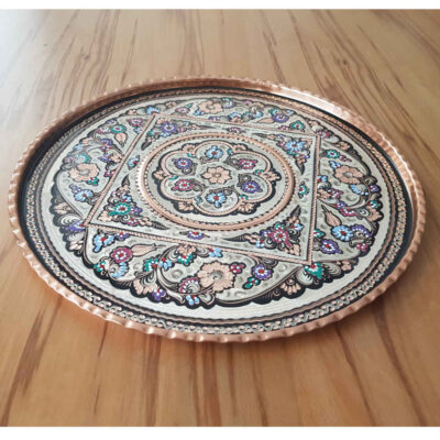 Decorative Copper Tray Hand-Engraved with Persian Artisanal Ilia