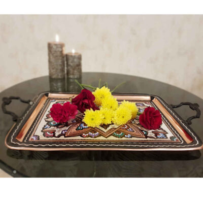 Decorative Copper Tray Hand-Engraved & Hammered with Persian Artisanal Saboura