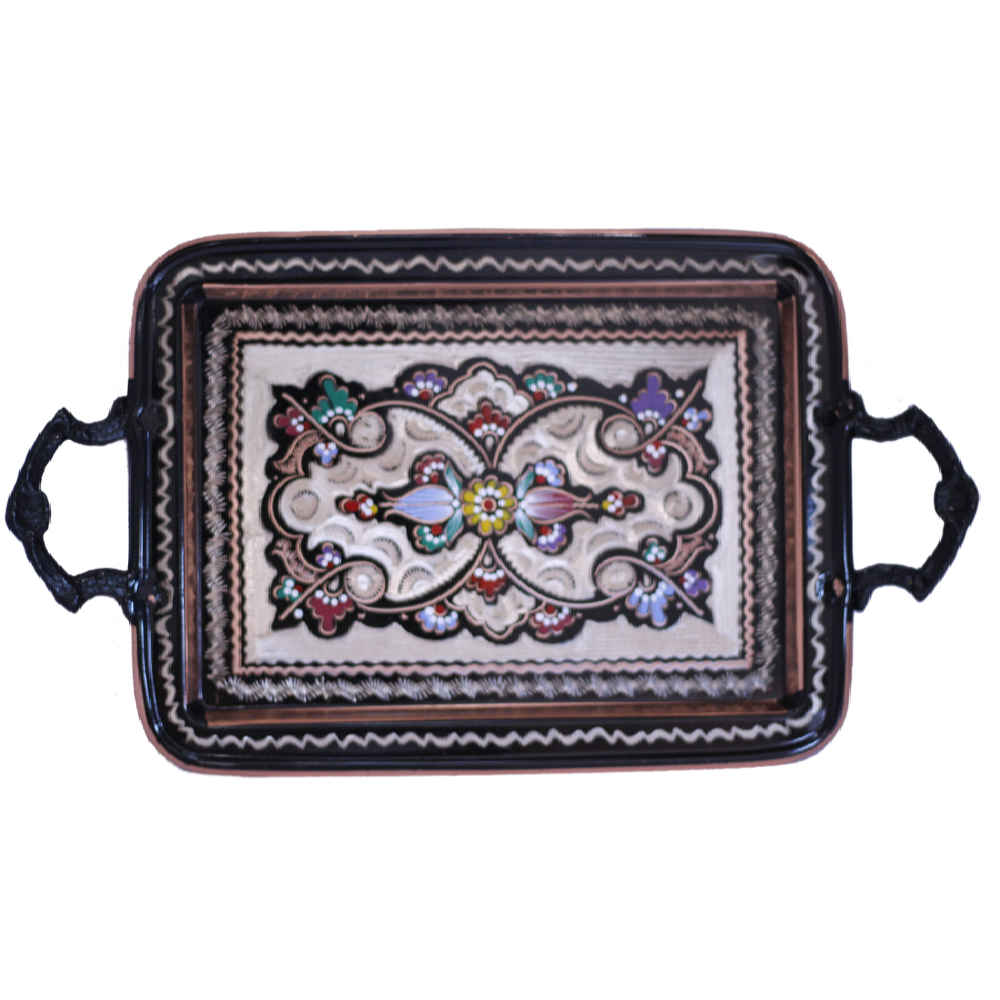 Decorative Copper Tray Hand-Engraved & Hammered with Persian Artisanal Saboura