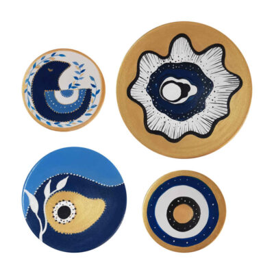 Set of 4 Hand-Painted Decorative Pottery Plate Cheshm Nazar