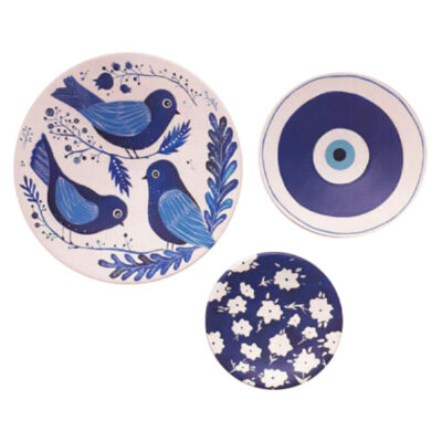 Set of 3 Hand-Painted Decorative Pottery Plate Cheshm Nazar