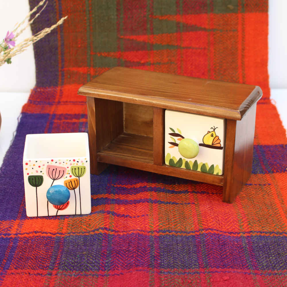 Handcrafted 2 Ceramic Drawers Chest with Wooden Box