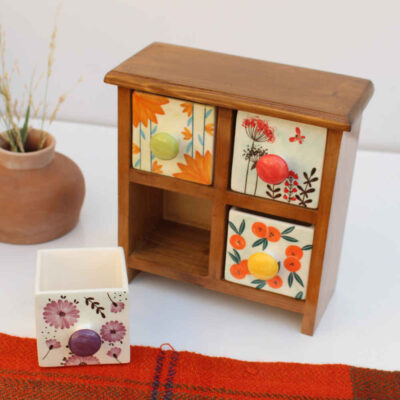 Handcrafted 4 Ceramic Drawers Chest with Wooden Box