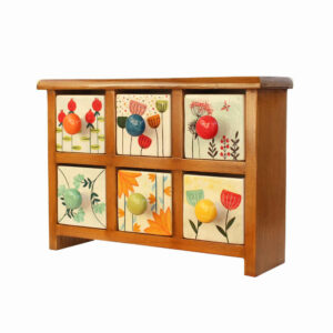 Wooden Storage Chest with 6 Floral Ceramic Drawers