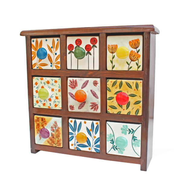 Handcrafted 9 Ceramic Drawers Chest with Wooden Box