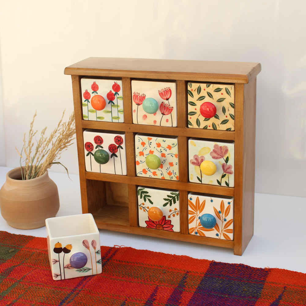 Handcrafted 9 Ceramic Drawers Chest with Wooden Box – Floral