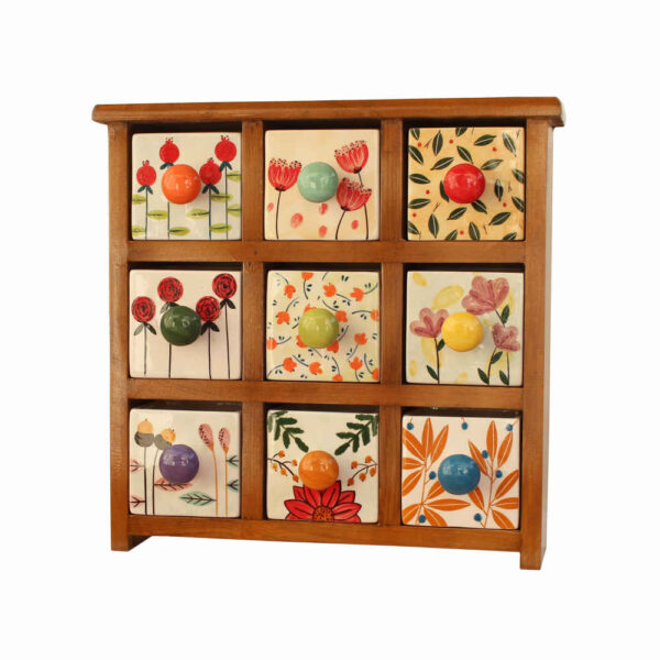 Handcrafted 9 Ceramic Drawers Chest with Wooden Box - Floral