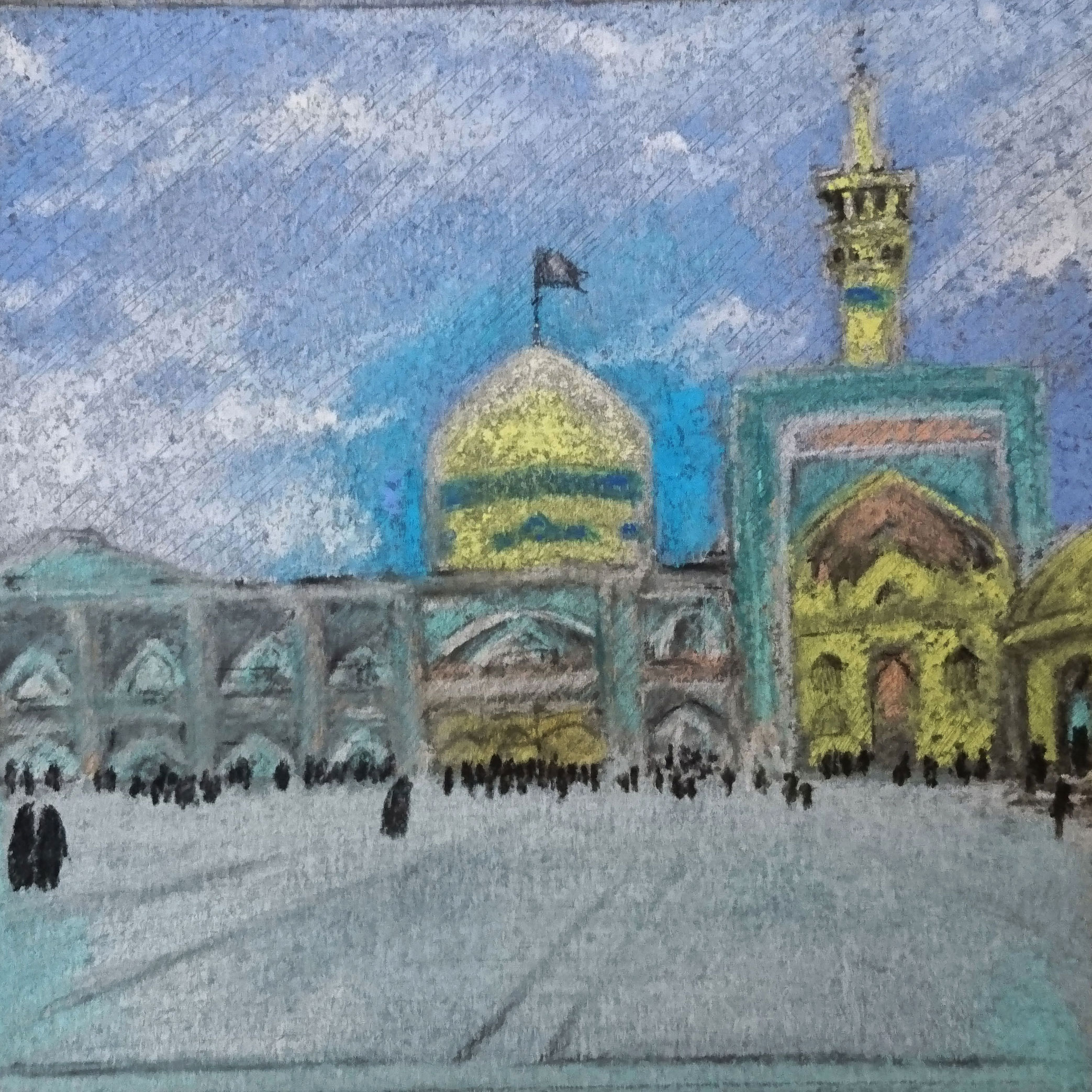 Original Realism Drawing – Pastel on Cardboard, Imam Reza Holy Shrine