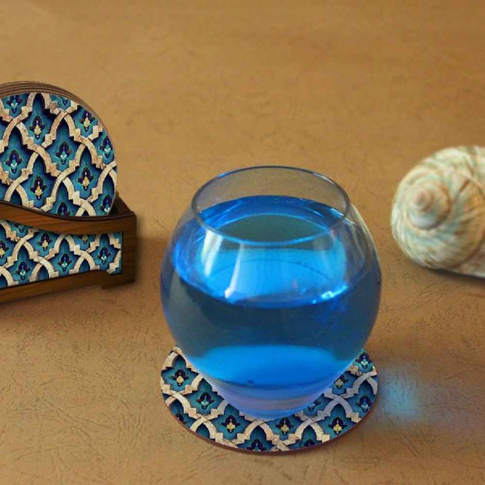 Drink Coaster Set & Holder With Persian Inspired Artistic Design Antique