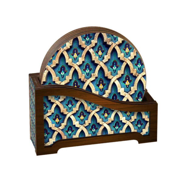 Drink Coaster Set & Holder With Persian Inspired Artistic Design Antique