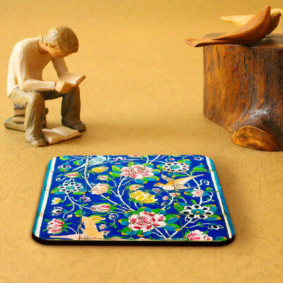 Drink Coaster Set & Holder With Persian Inspired Artistic Design Floral