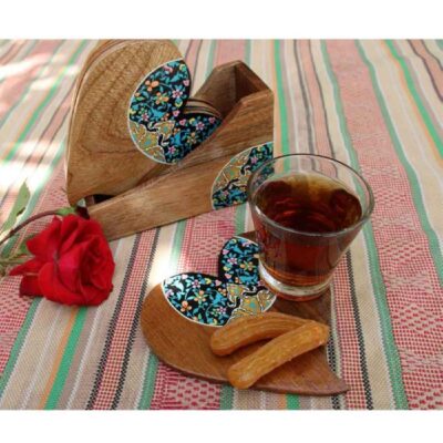 Drink Coaster Set & Holder With Persian Inspired Artistic Design Heart Shape