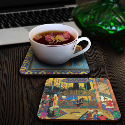 Drink Coaster Set & Holder With Persian Inspired Artistic Design Shahnameh