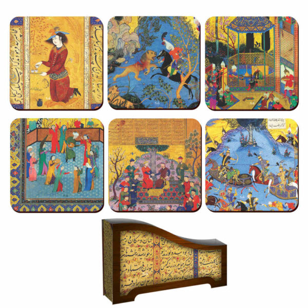 Drink Coaster Set & Holder With Persian Inspired Artistic Design Shahnameh