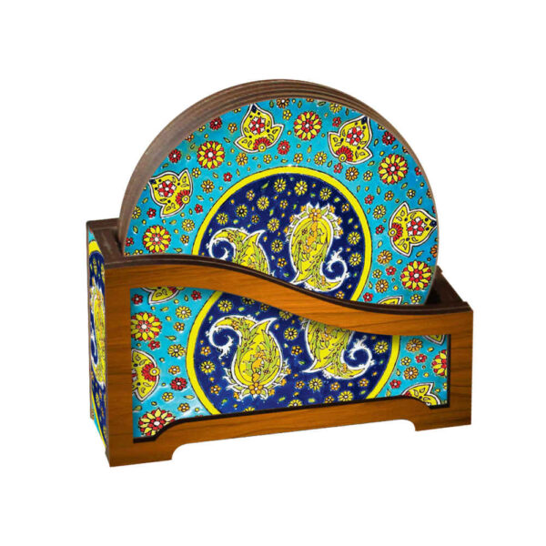 Drink Coaster Set & Holder With Persian Inspired Artistic Design Sonati