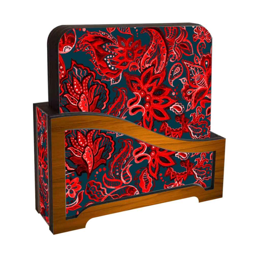 Drink Coaster Set & Holder With Persian Inspired Artistic Design Sorkh