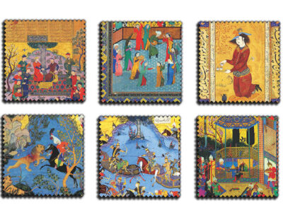 Drink Coaster Set & Holder With Persian Inspired Artistic Design Stamp