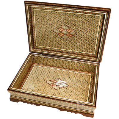 Beautiful Wooden Quran Storage Box – Khatam Enameled with Velvet Lining Model Ali