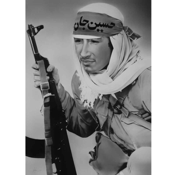 Original Black Pen Drawing - Muslim Soldier with Ya Hussein Headband