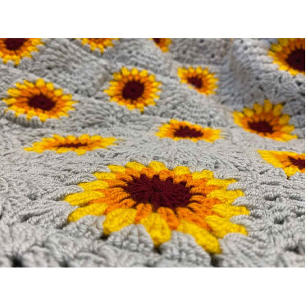 Crochet Throw for Sofa and Bed Checkered Bohemian Sunflower
