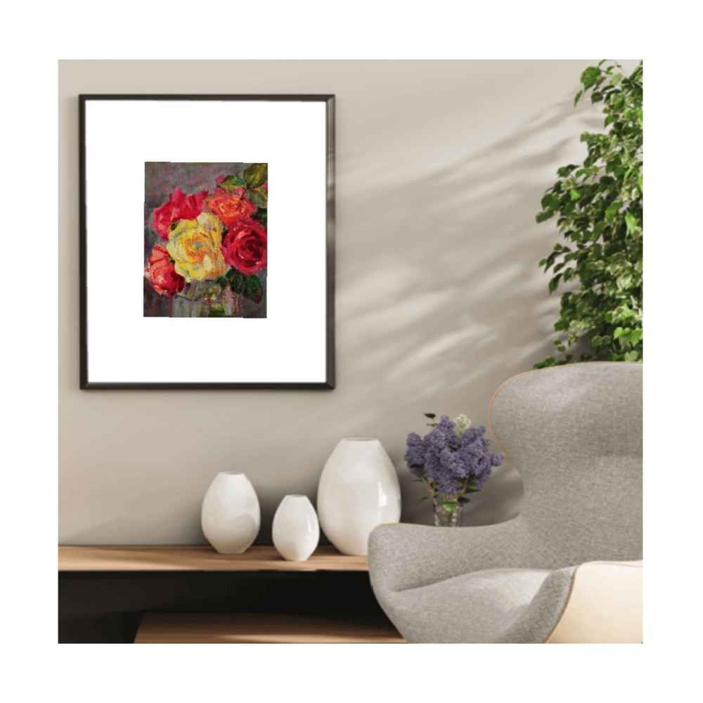 Original Painterly Art Painting – Oil on Cardboard Rose Flowers in Vase