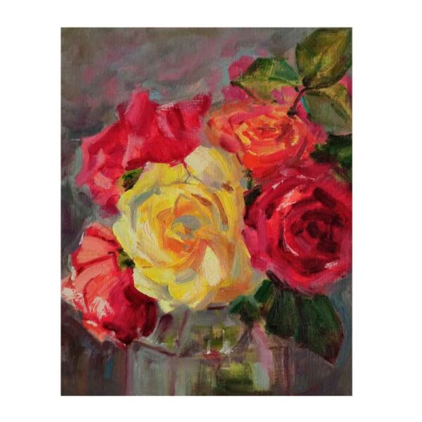 Original Painterly Art Painting - Oil on Cardboard Rose Flowers in Vase