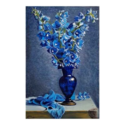 Original Realism Painting – Oil on Canvas, Blue Flower by Ahmad Motaghedi