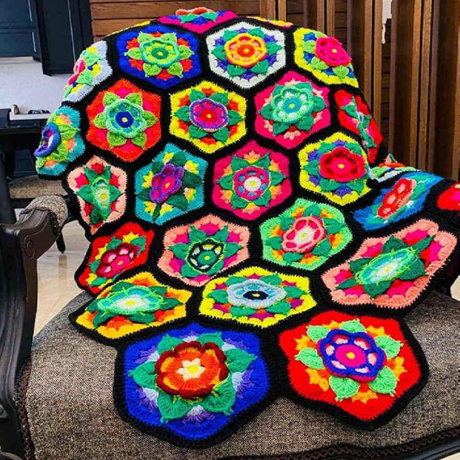 Crochet Throw for Sofa and Bed Checkered Bohemian Sina