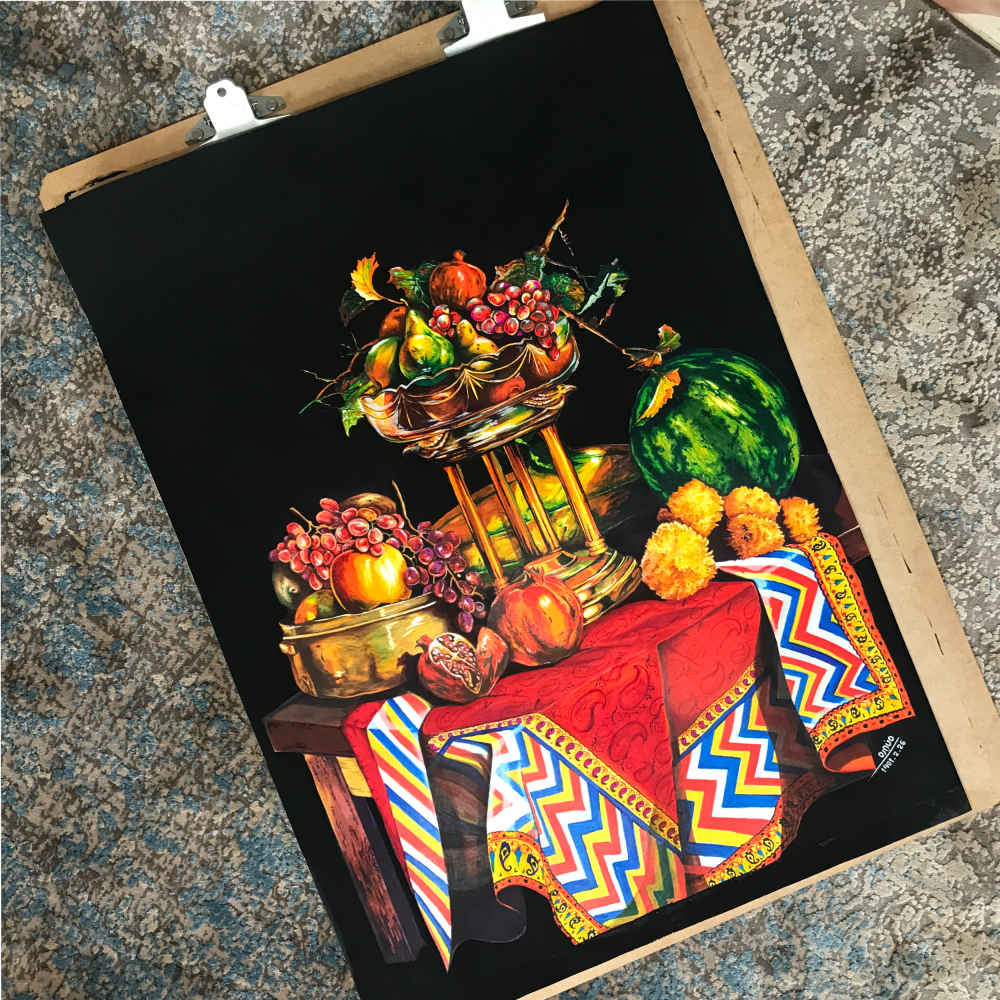 Original Realism Drawing – Colored Pencil on Cardboard, Ziafat