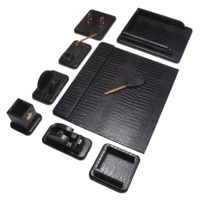 Black Leather Office Desk Set – 10-Piece Collection