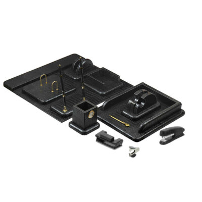 Black Leather Office Desk Organizer Set – 14 Pieces
