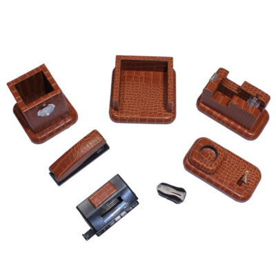 Brown Leather Office Desk Organizer Set – 7 Pieces