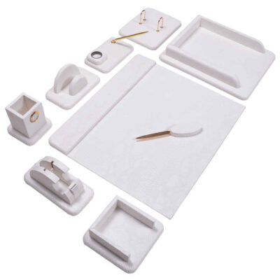 White Leather Office Desk Set – 10-Piece Collection